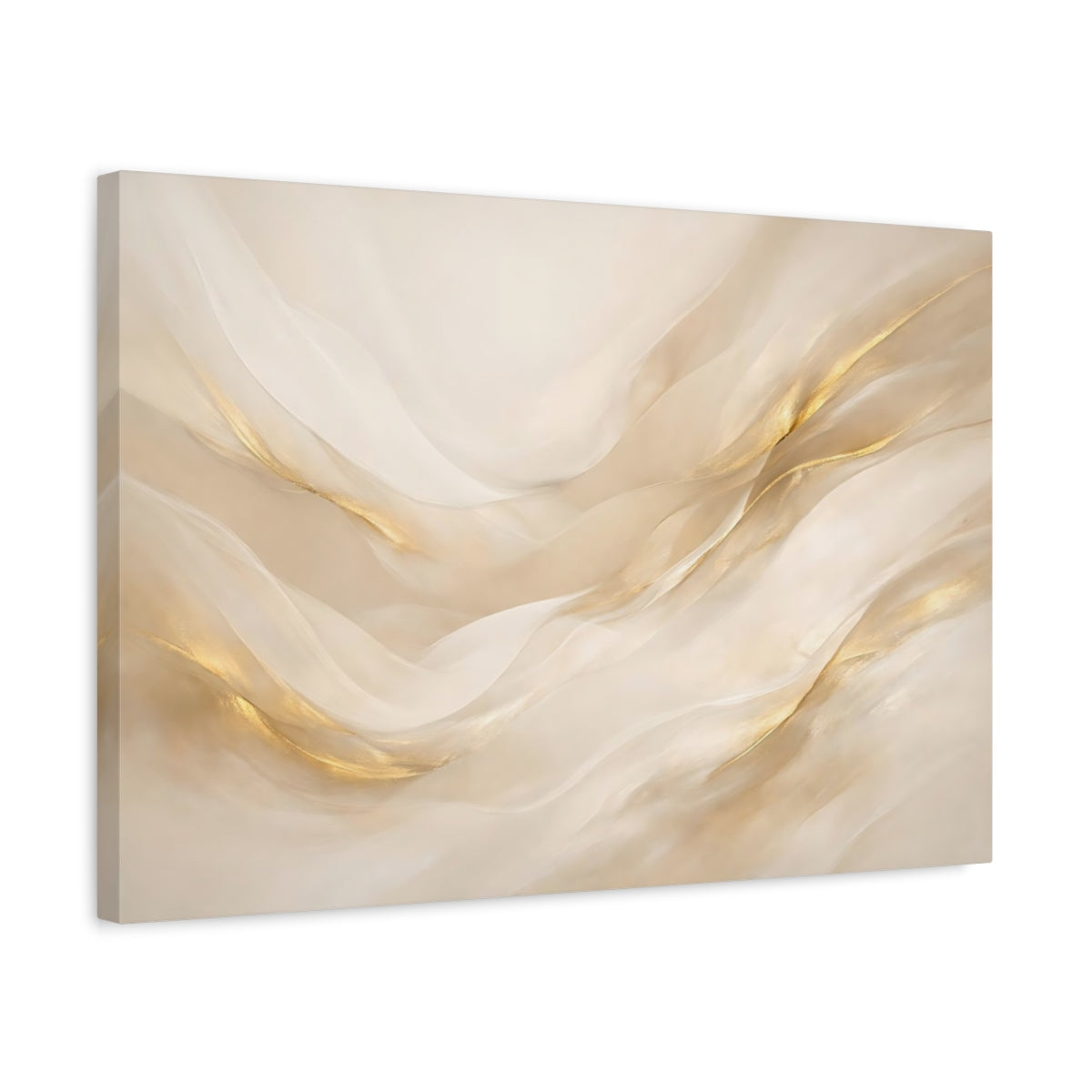 Side Mockup 3. Abstract Gold Waves Gold And Beige shown as stretched canvas wall art