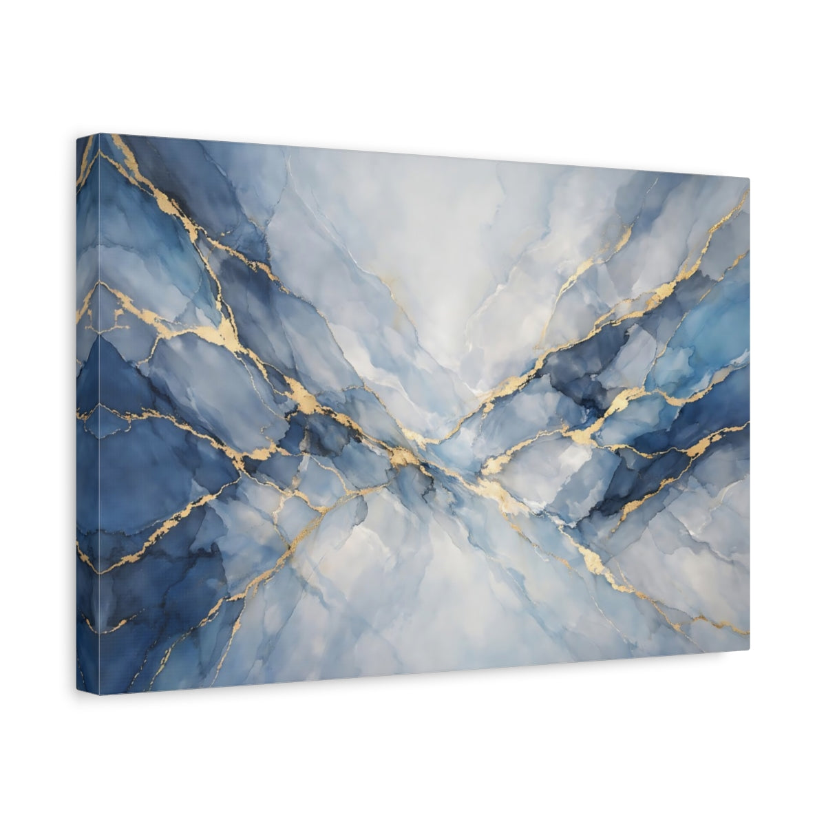 Side Mockup 4. Abstract Ink Flow Blue And Gold shown as stretched canvas wall art