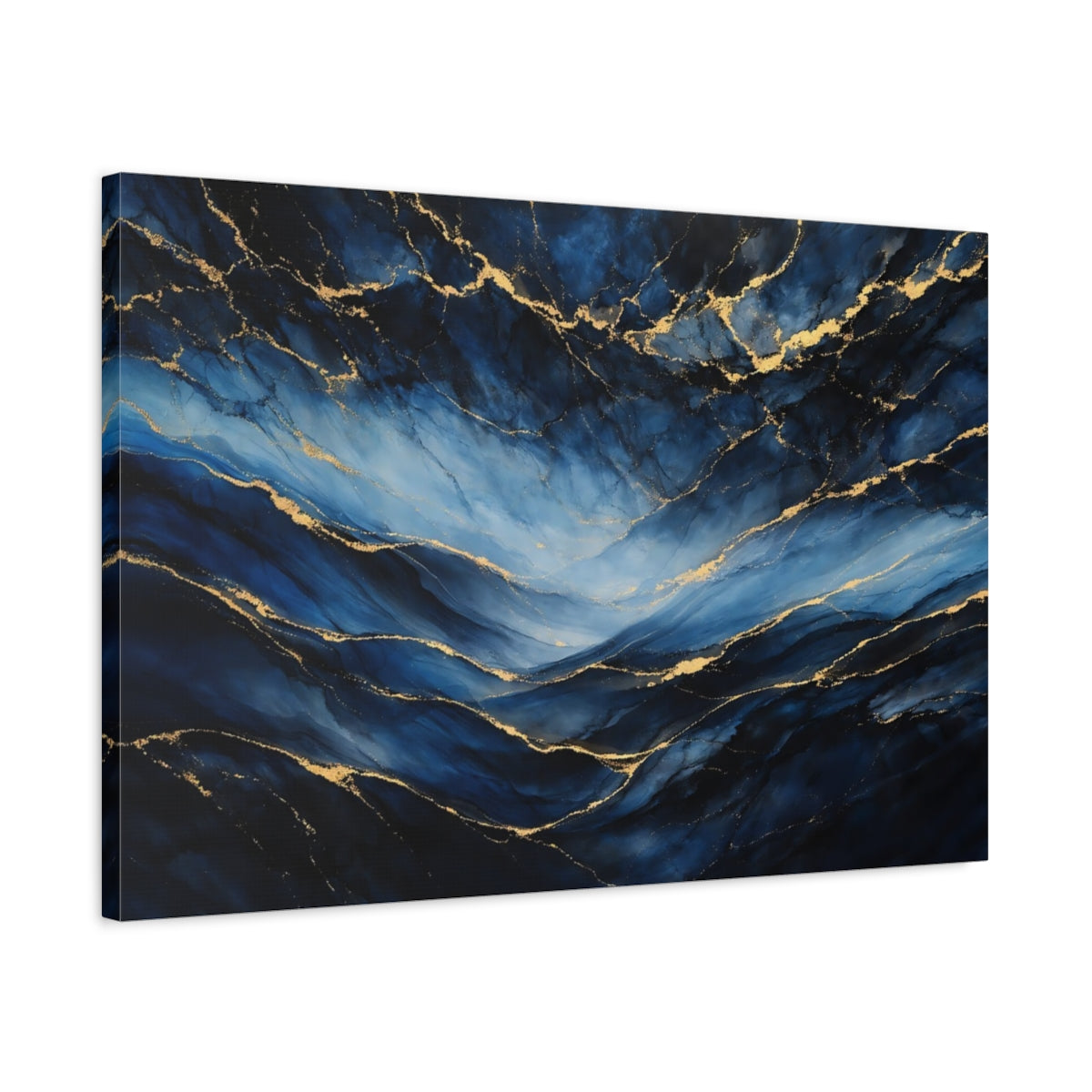 Side Mockup 2. Abstract Ink Flow Blue And Gold shown as stretched canvas wall art