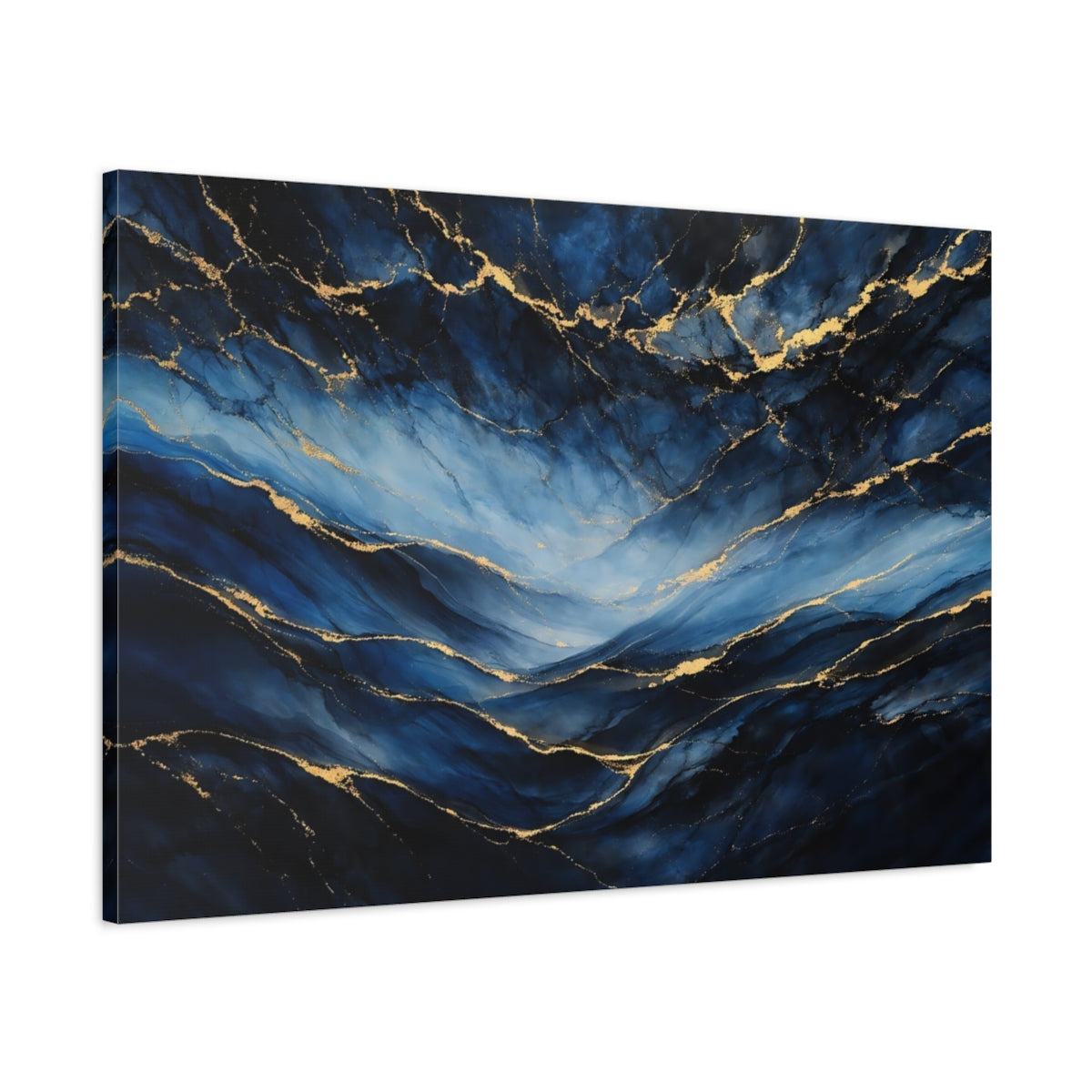 Side Mockup 1. Abstract Ink Flow Blue And Gold shown as stretched canvas wall art