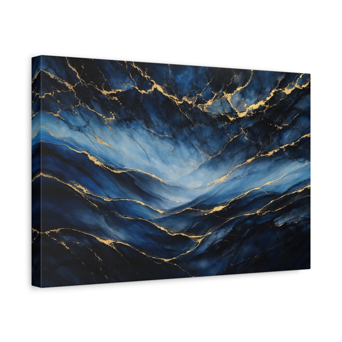 Side Mockup 4. Abstract Ink Flow Blue And Gold shown as stretched canvas wall art