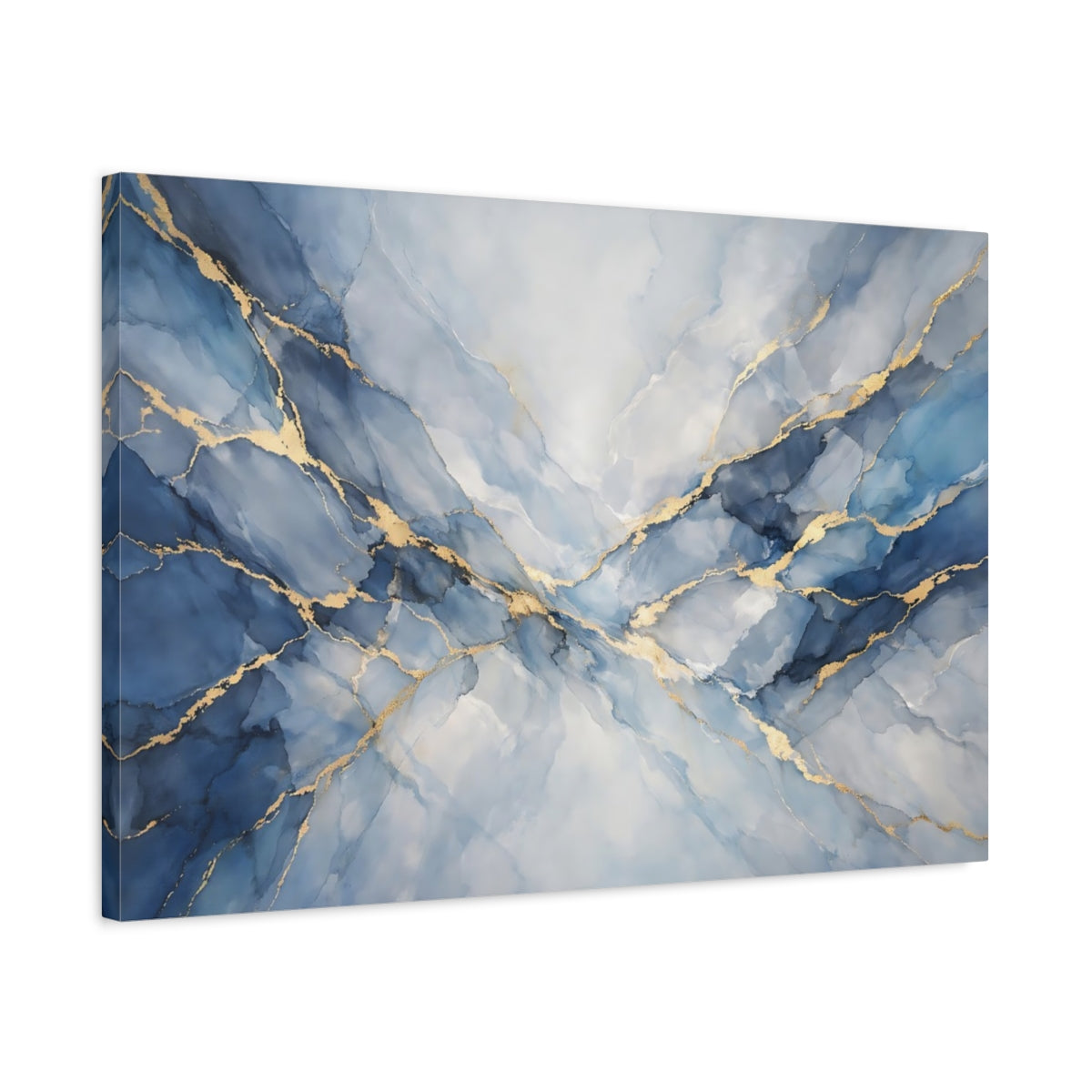 Side Mockup 2. Abstract Ink Flow Blue And Gold shown as stretched canvas wall art