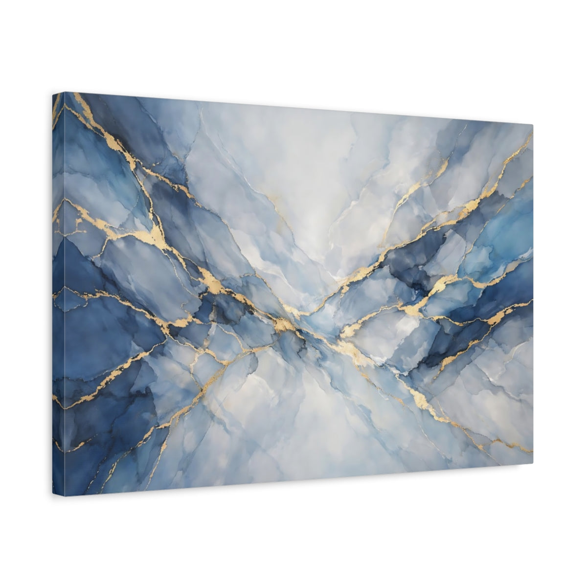 Side Mockup 3. Abstract Ink Flow Blue And Gold shown as stretched canvas wall art