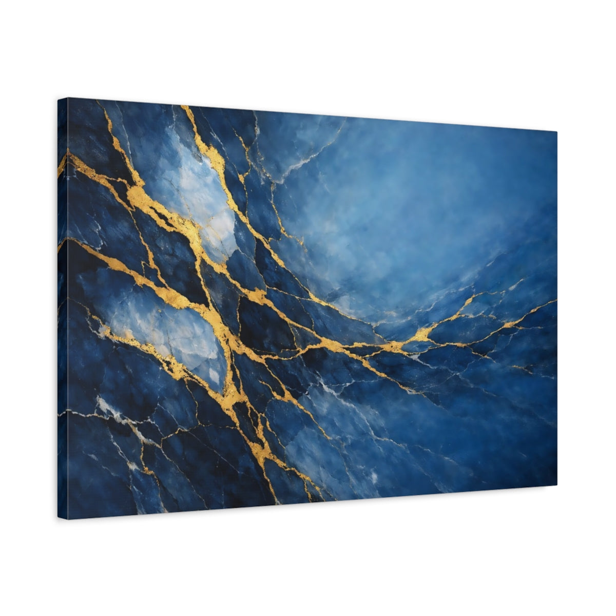 Side Mockup 2. Abstract Kintsugi Pattern Blue Gold Abstract shown as stretched canvas wall art