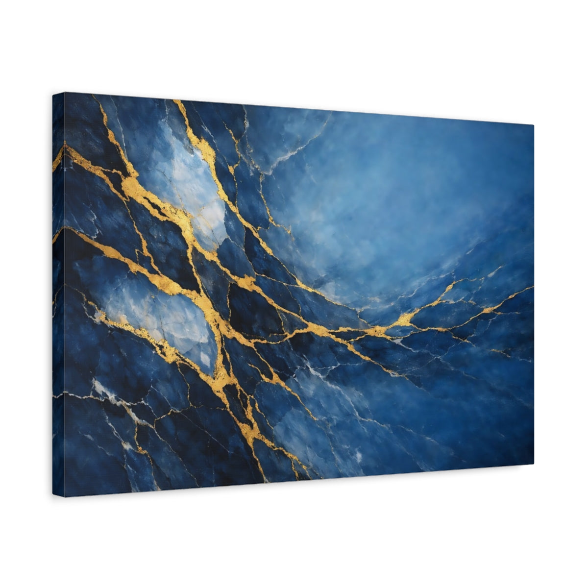 Side Mockup 3. Abstract Kintsugi Pattern Blue Gold Abstract shown as stretched canvas wall art