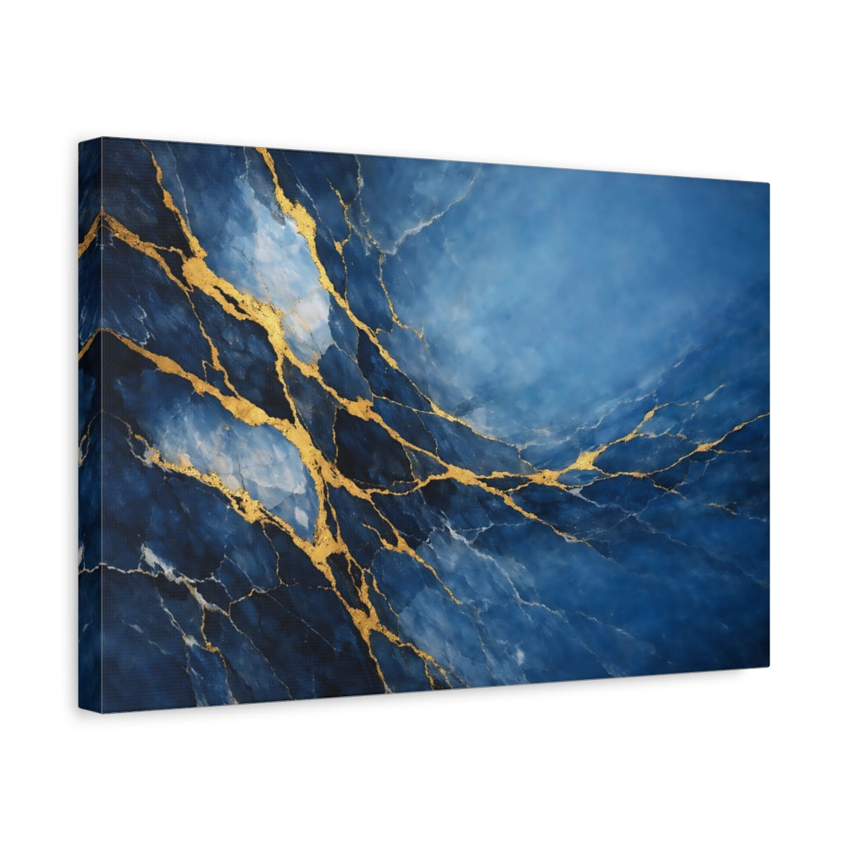 Side Mockup 4. Abstract Kintsugi Pattern Blue Gold Abstract shown as stretched canvas wall art