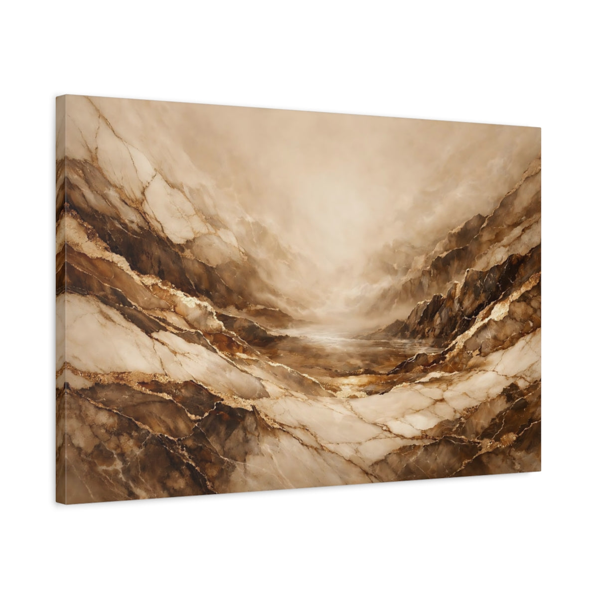 Side Mockup 2. Abstract Marble Canyon Brown And Gold shown as stretched canvas wall art