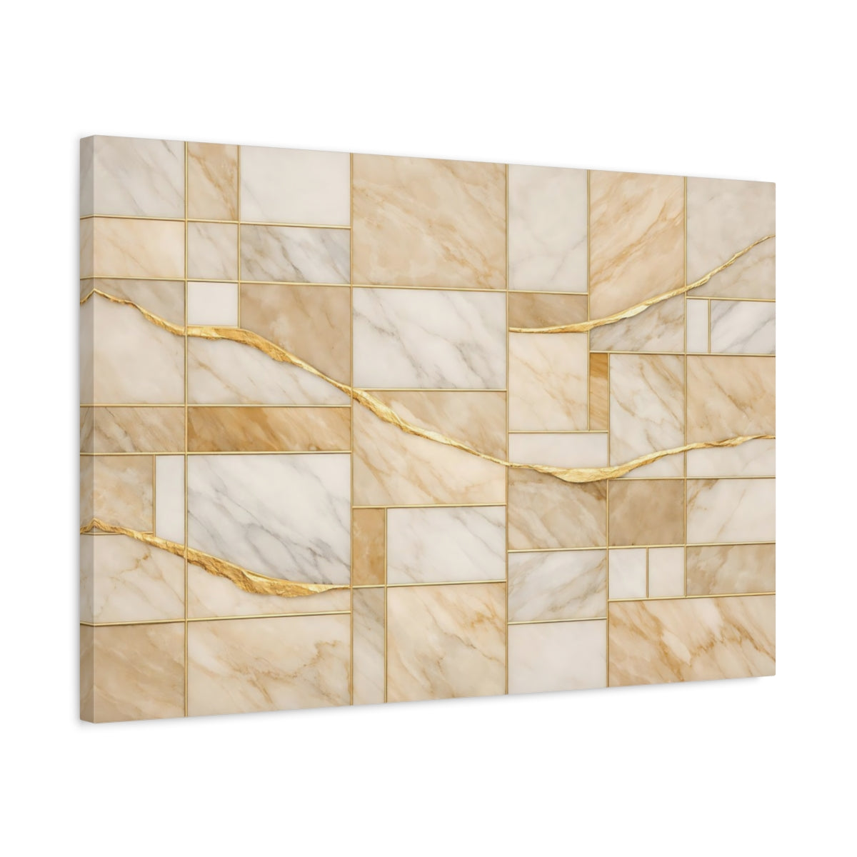 Side Mockup 2. Abstract Marble Pattern Beige Gold shown as stretched canvas wall art