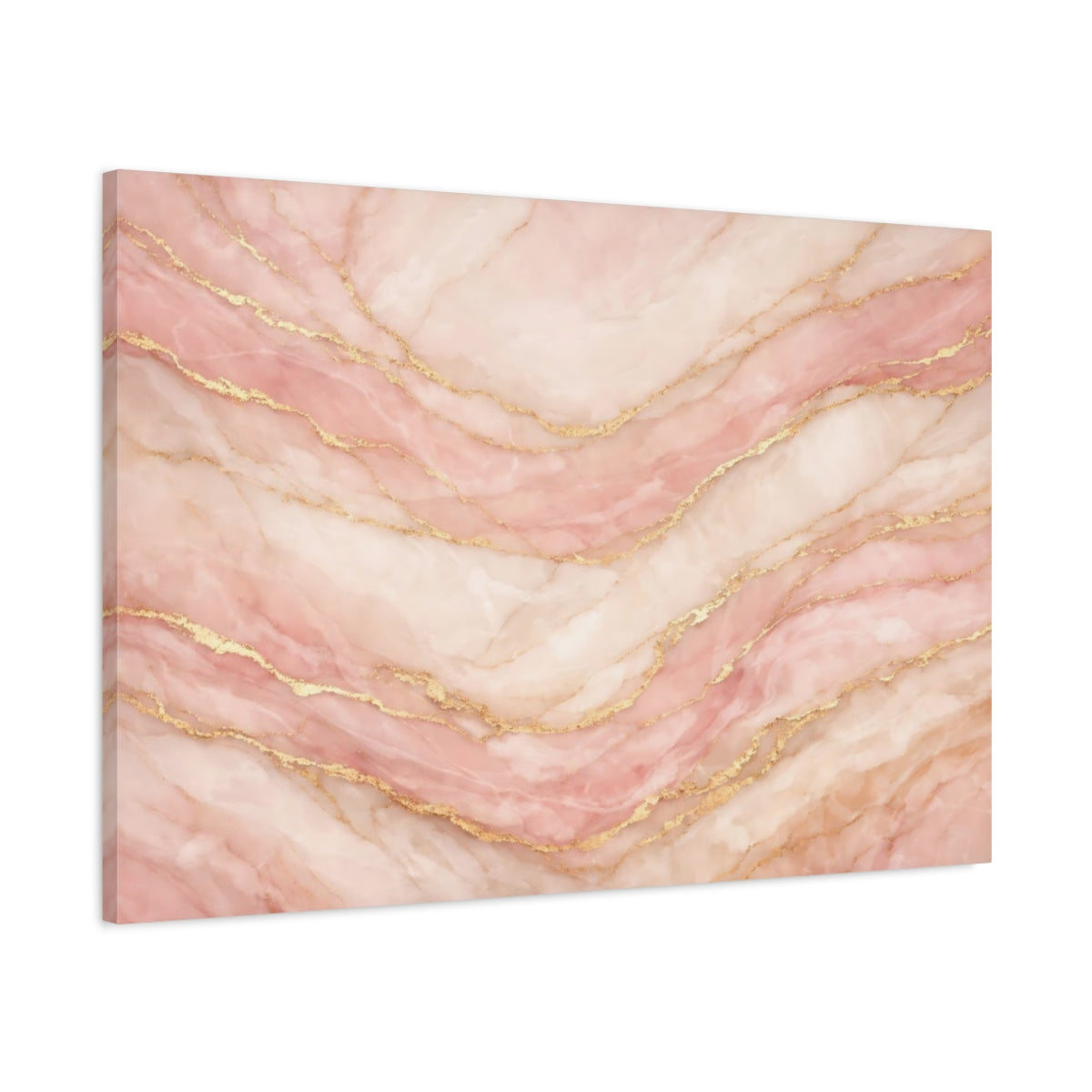 Side Mockup 1. Abstract Marble Pattern Rose Gold Marble shown as stretched canvas wall art