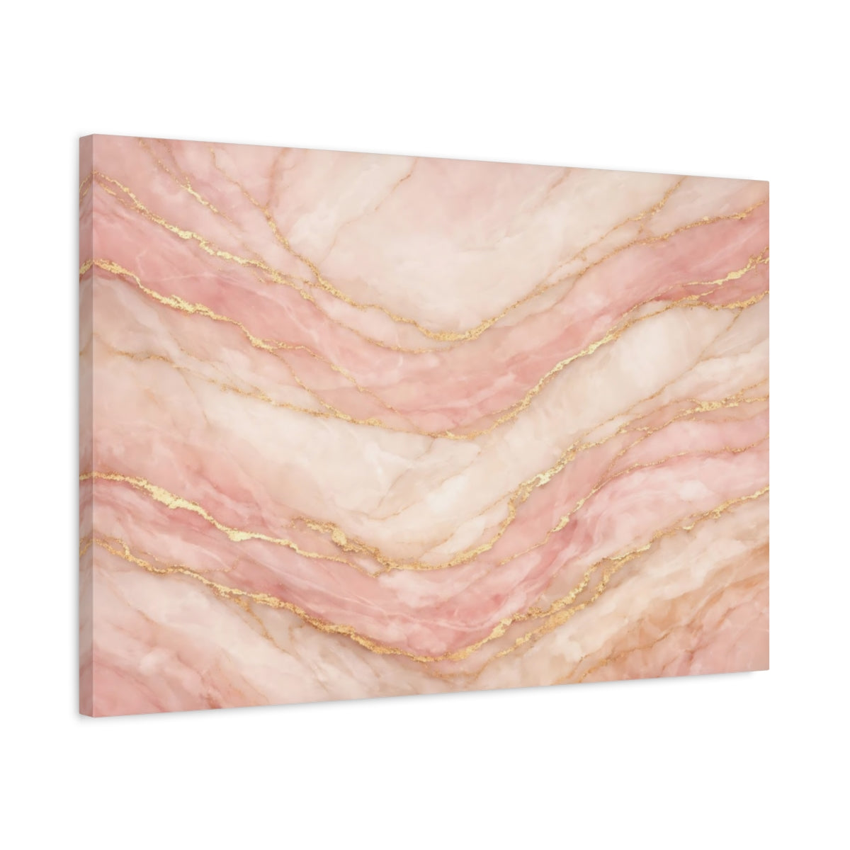 Side Mockup 2. Abstract Marble Pattern Rose Gold Marble shown as stretched canvas wall art