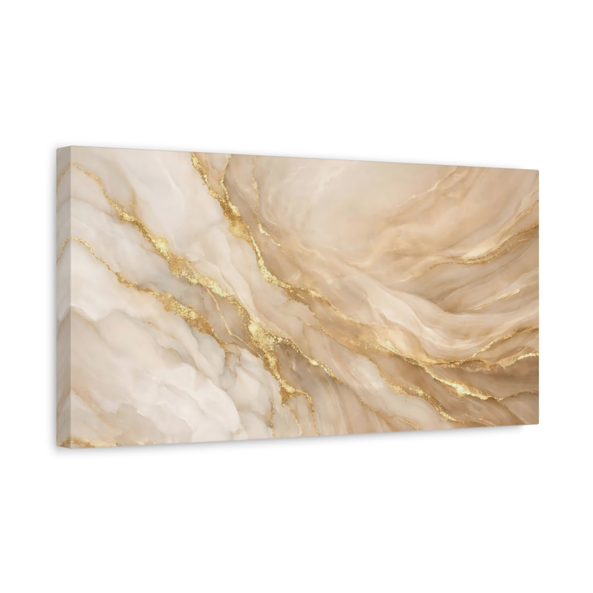 Side Mockup 3. Abstract Marble Texture Beige And Gold shown as stretched canvas wall art