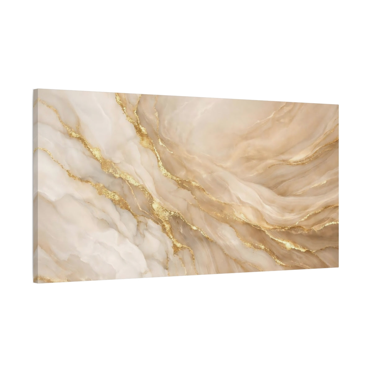 Side Mockup 1. Abstract Marble Texture Beige And Gold shown as stretched canvas wall art