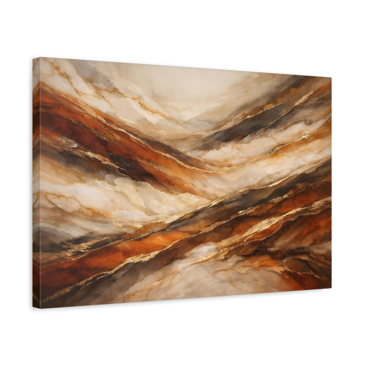 Side Mockup 3. Abstract Marble Texture Brown Gold Marble shown as stretched canvas wall art