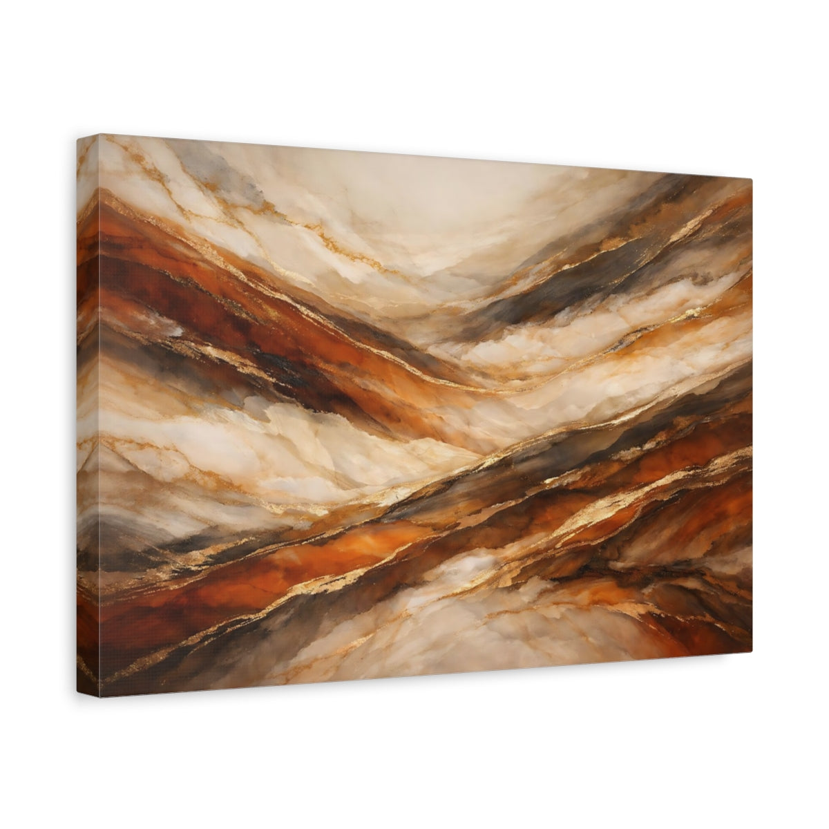 Side Mockup 4. Abstract Marble Texture Brown Gold Marble shown as stretched canvas wall art