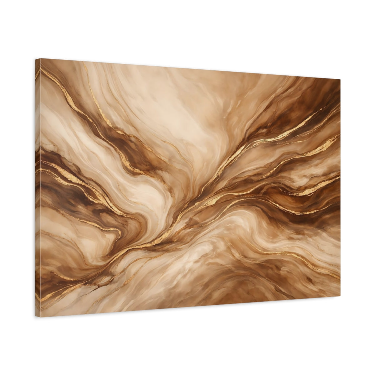 Side Mockup 1. Abstract Marble Texture Brown Gold Marble shown as stretched canvas wall art
