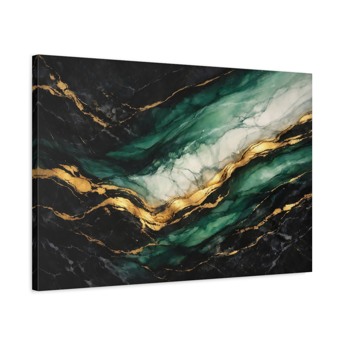 Side Mockup 2. Abstract Marble Texture Emerald Gold Marble shown as stretched canvas wall art