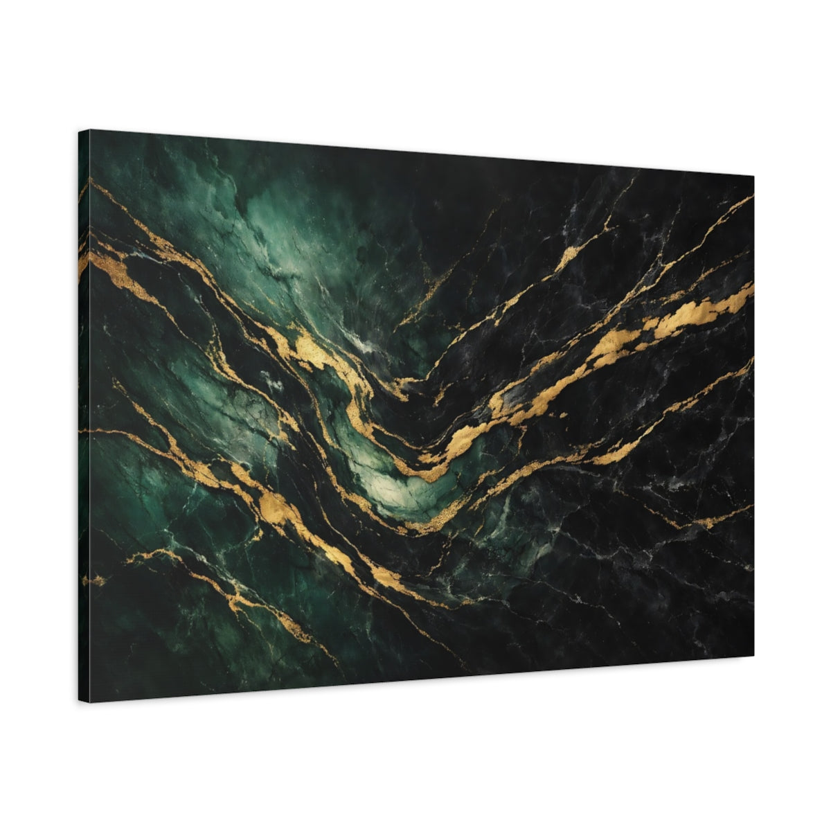 Side Mockup 1. Abstract Marble Texture Emerald Gold Marble shown as stretched canvas wall art