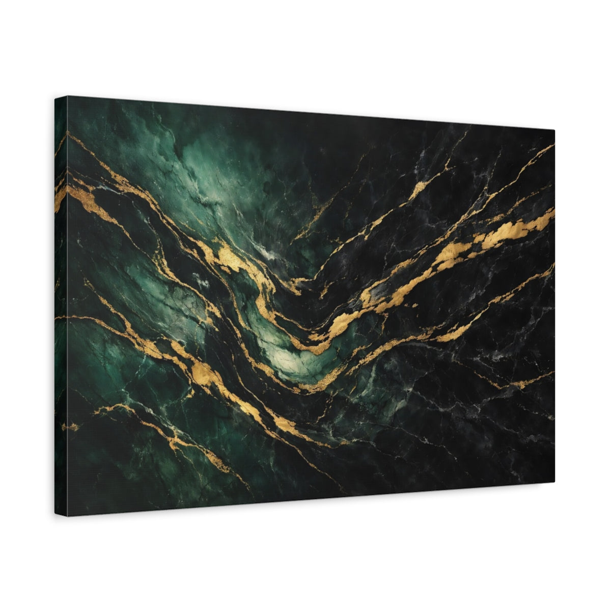 Side Mockup 3. Abstract Marble Texture Emerald Gold Marble shown as stretched canvas wall art
