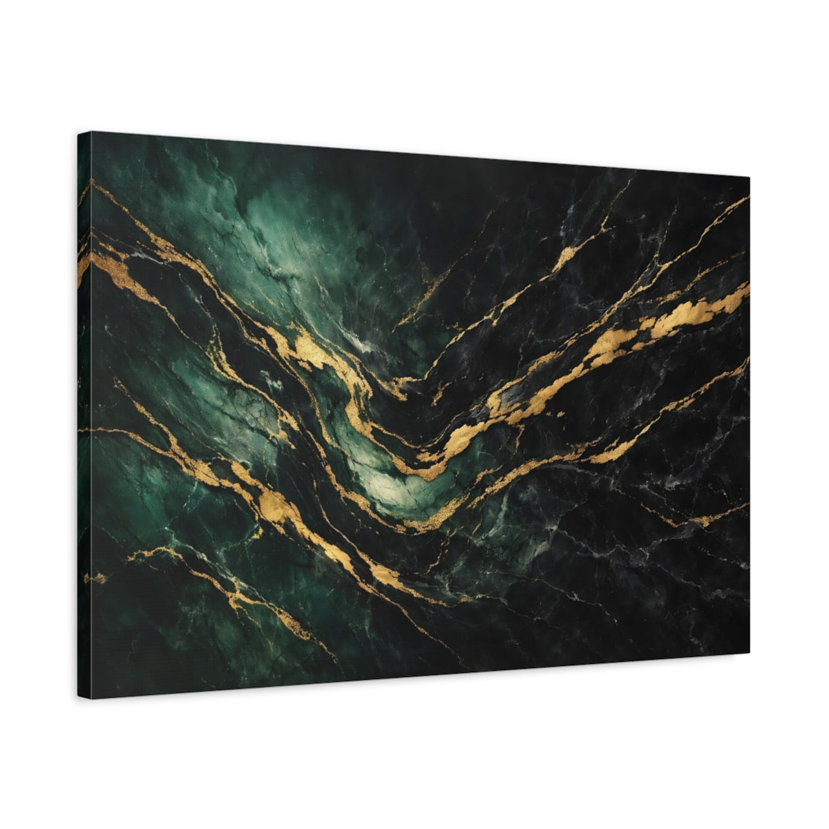 Side Mockup 2. Abstract Marble Texture Emerald Gold Marble shown as stretched canvas wall art