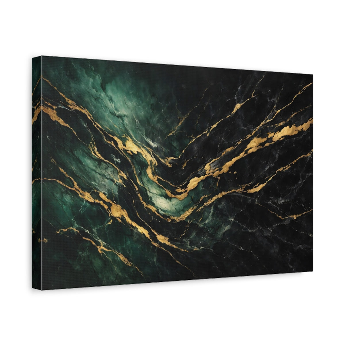 Side Mockup 4. Abstract Marble Texture Emerald Gold Marble shown as stretched canvas wall art