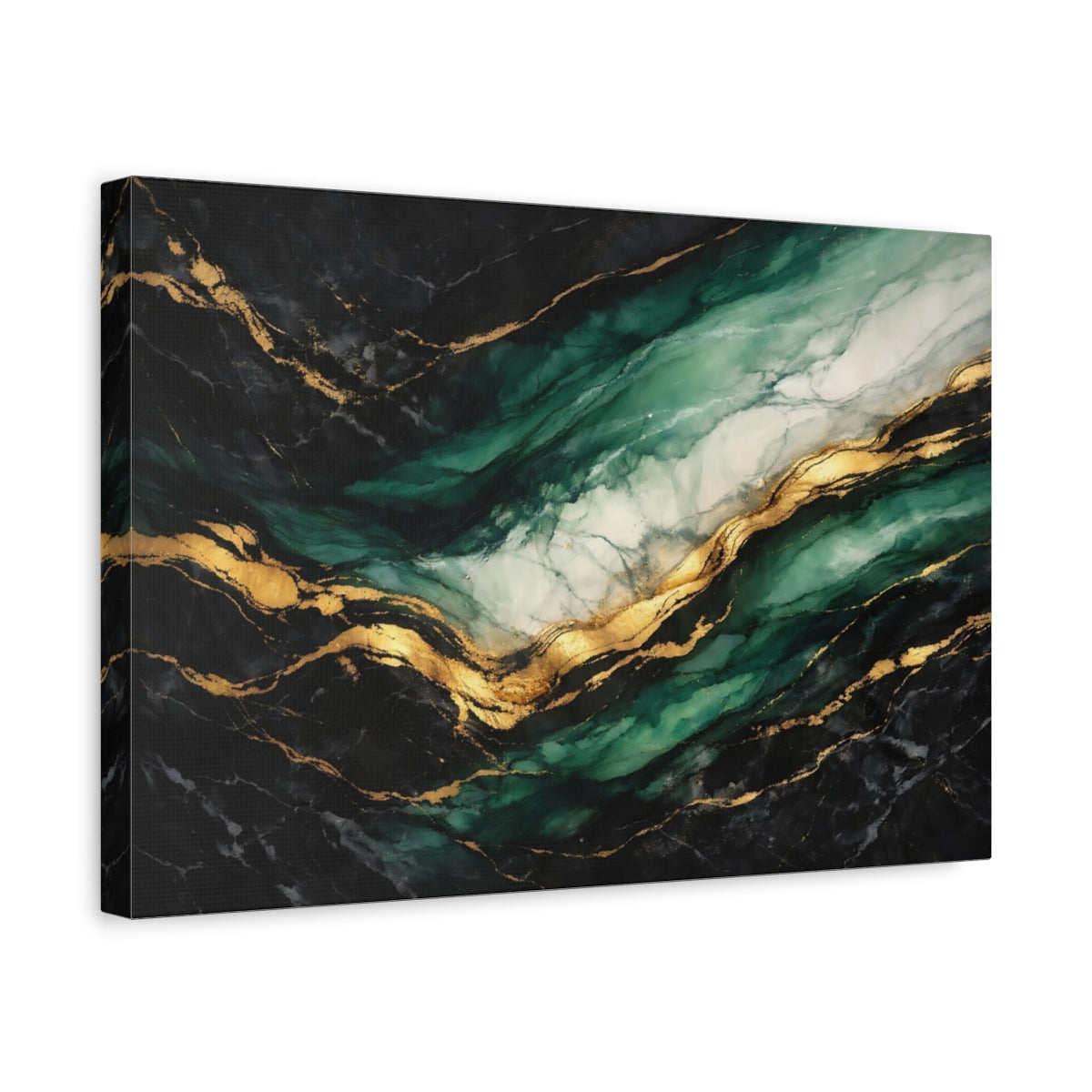 Side Mockup 4. Abstract Marble Texture Emerald Gold Marble shown as stretched canvas wall art