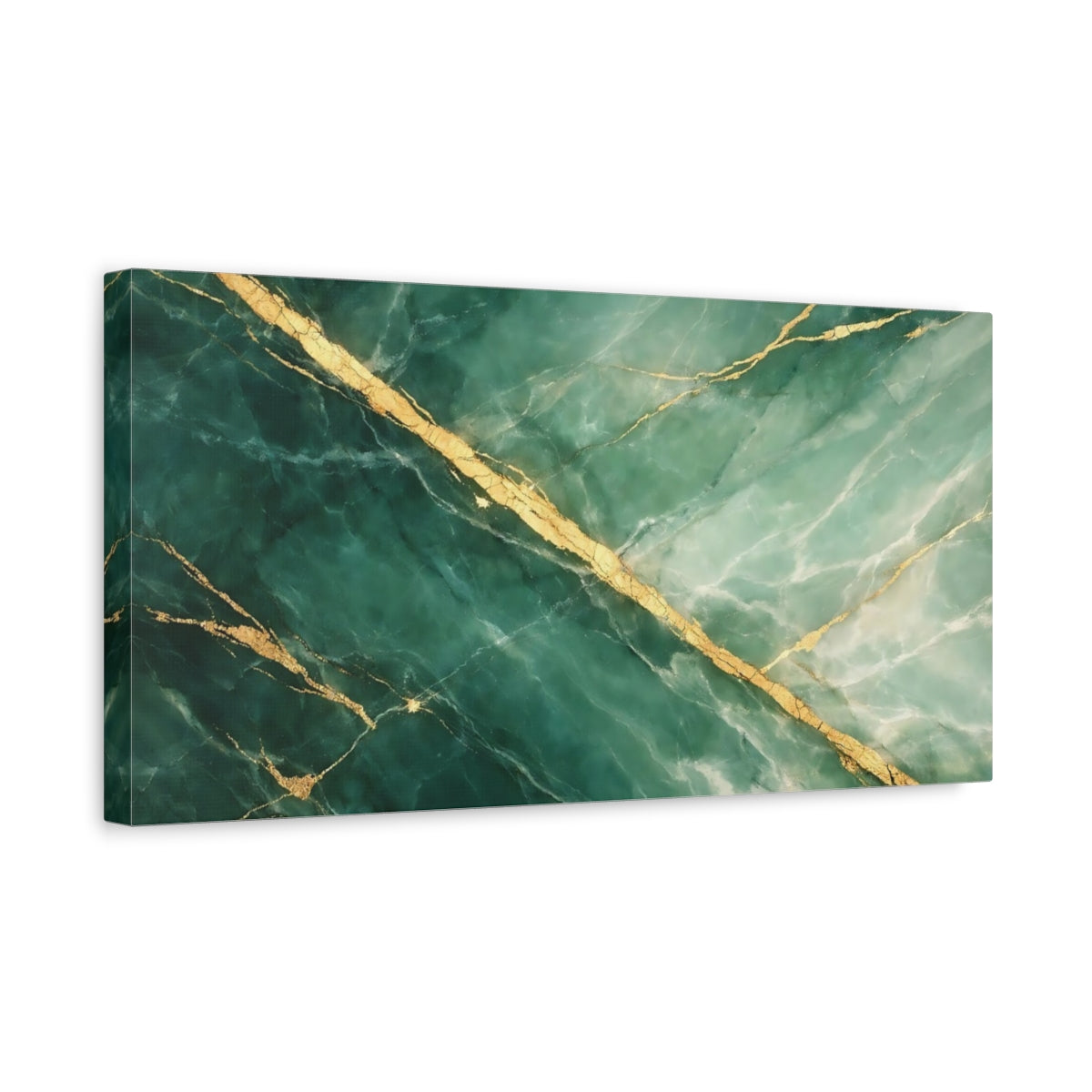 Side Mockup 3. Abstract Marble Texture Green And Gold Marble shown as stretched canvas wall art