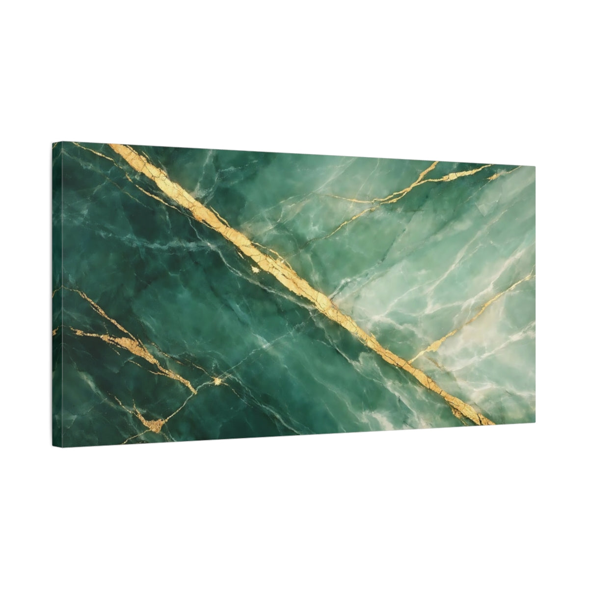 Side Mockup 2. Abstract Marble Texture Green And Gold Marble shown as stretched canvas wall art