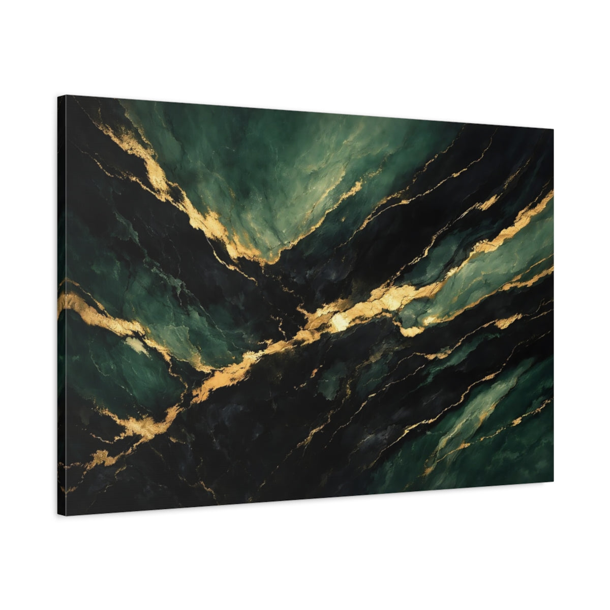 Side Mockup 1. Abstract Marble Texture Green And Gold shown as stretched canvas wall art