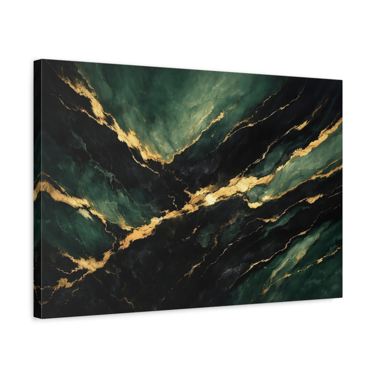 Side Mockup 3. Abstract Marble Texture Green And Gold shown as stretched canvas wall art