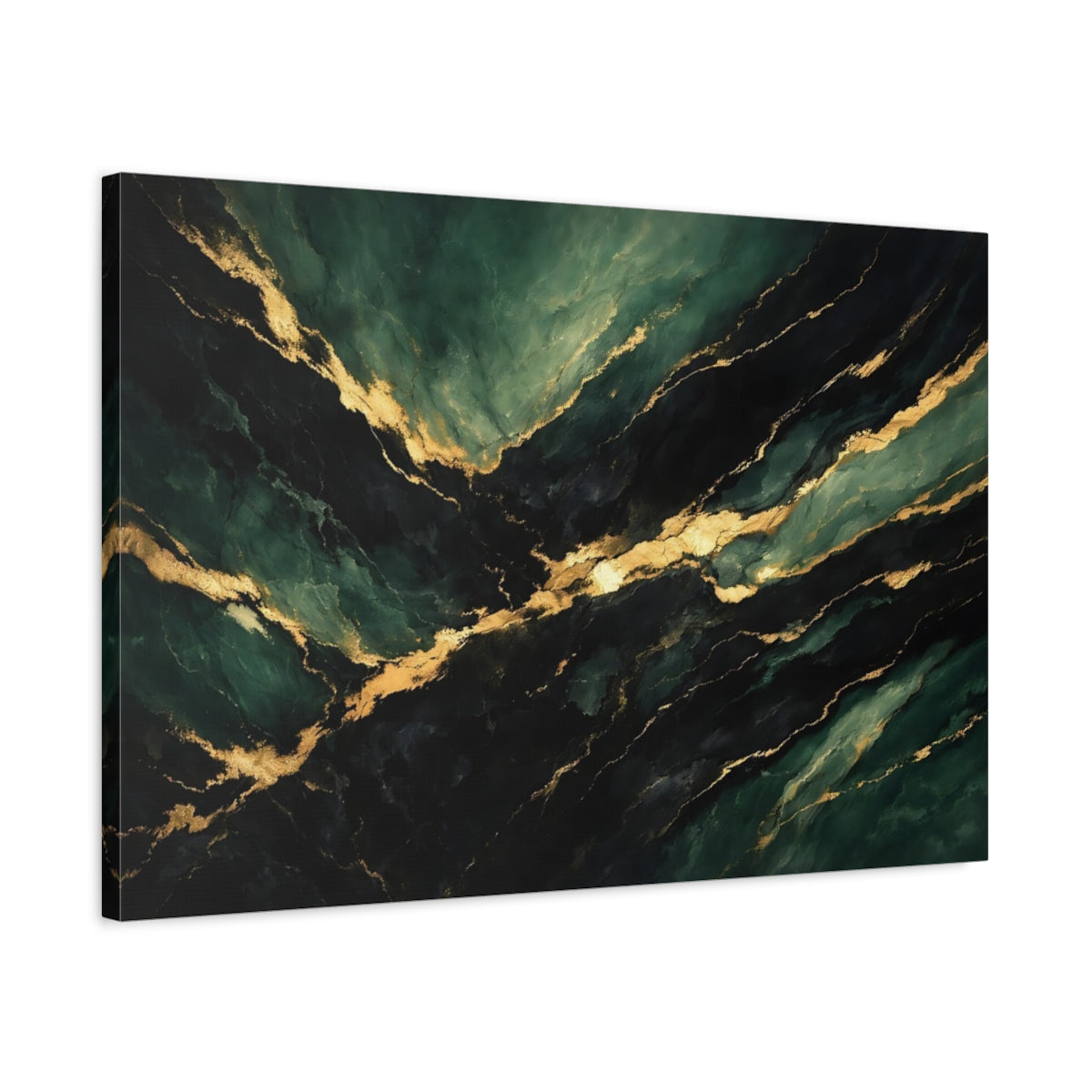 Side Mockup 2. Abstract Marble Texture Green And Gold shown as stretched canvas wall art