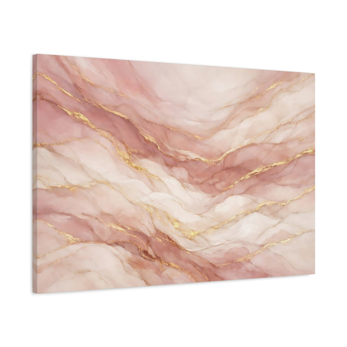 Side Mockup 1. Abstract Marble Texture Pink And Gold shown as stretched canvas wall art