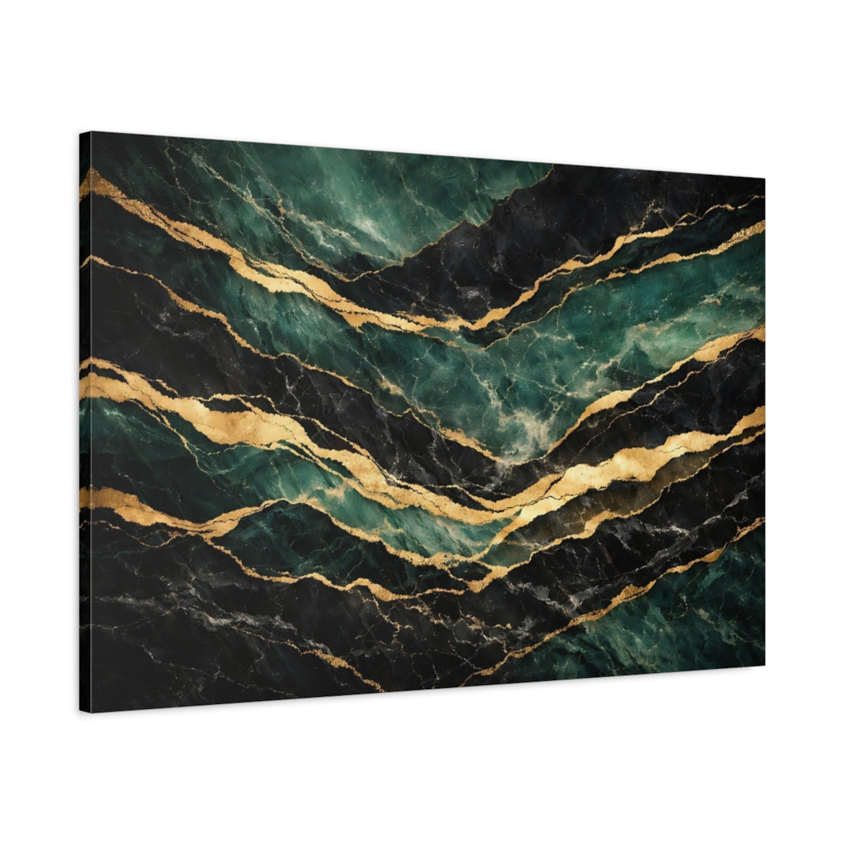 Side Mockup 1. Abstract Marble Veins Green Black Gold shown as stretched canvas wall art