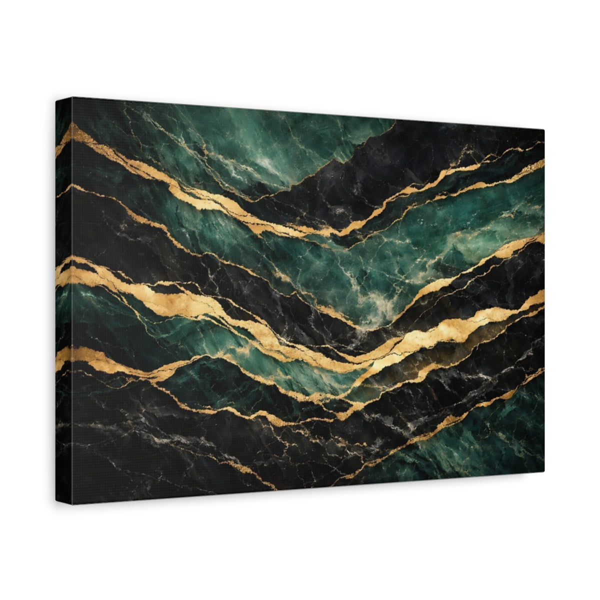 Side Mockup 4. Abstract Marble Veins Green Black Gold shown as stretched canvas wall art