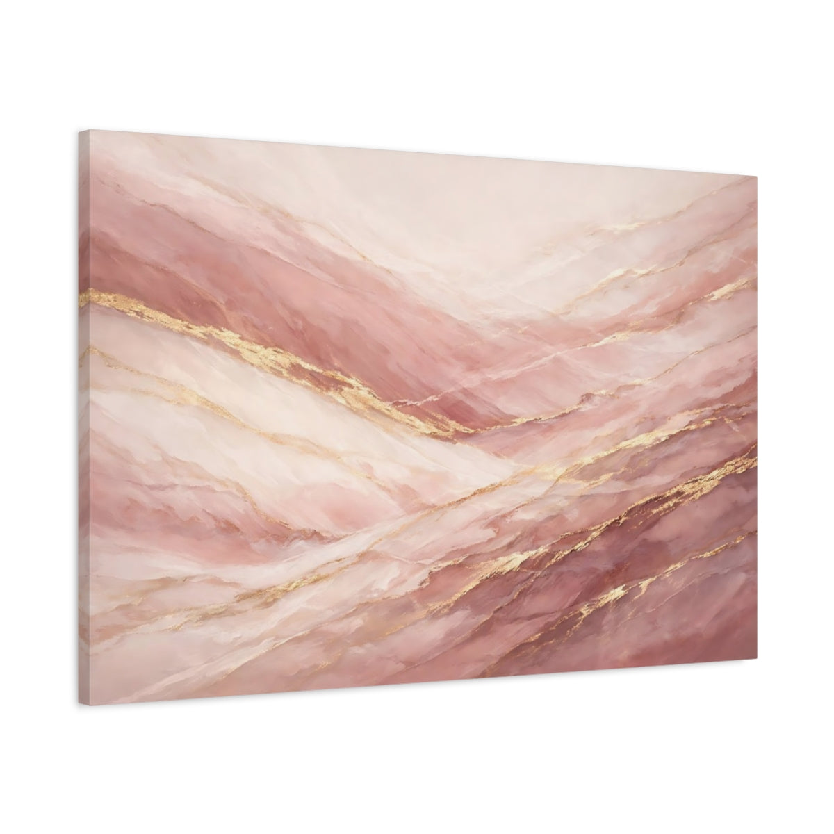 Side Mockup 1. Abstract Marble Veins Pink And Gold shown as stretched canvas wall art