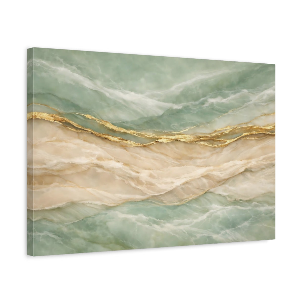 Side Mockup 3. Abstract Marble Veins Teal Gold Marble shown as stretched canvas wall art