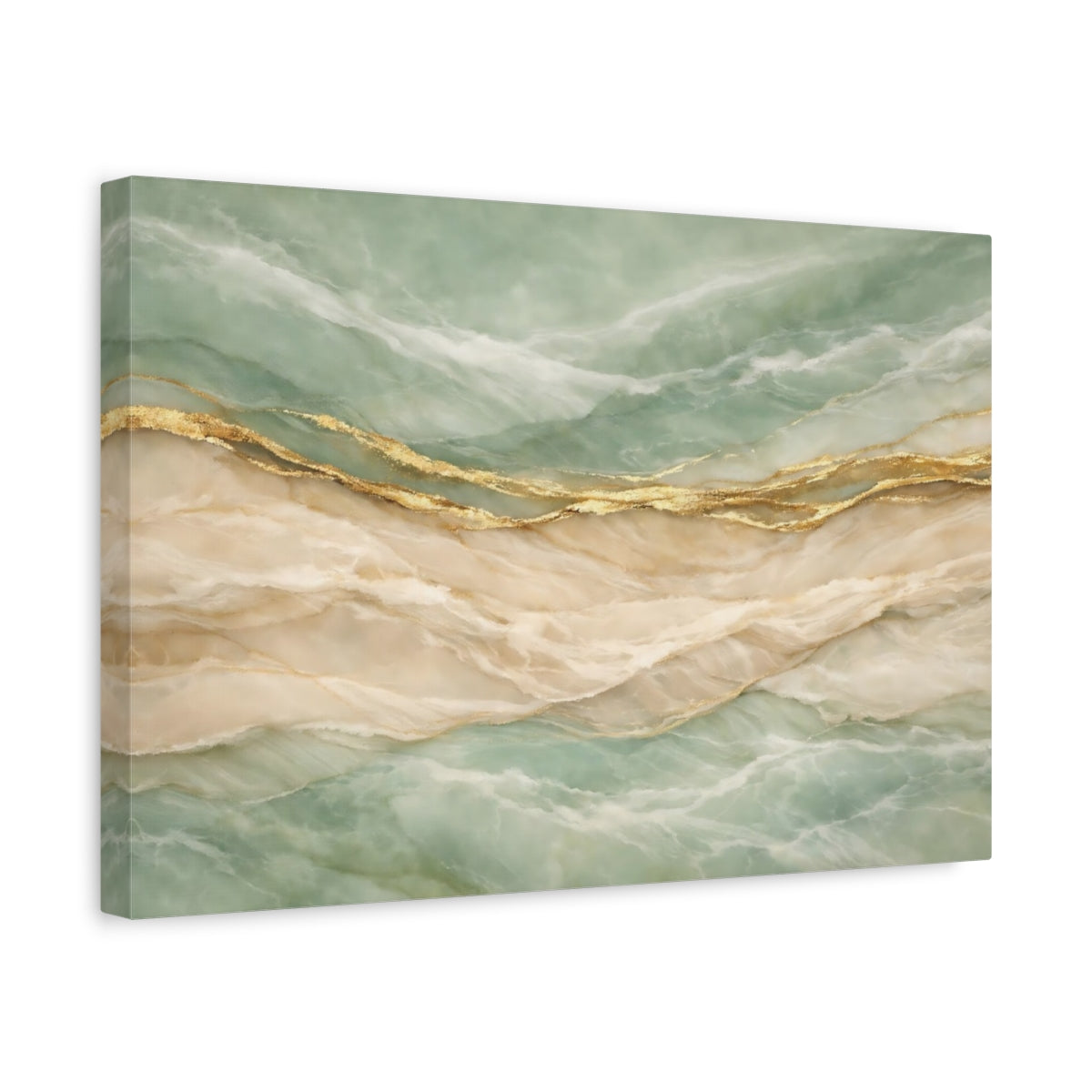 Side Mockup 4. Abstract Marble Veins Teal Gold Marble shown as stretched canvas wall art