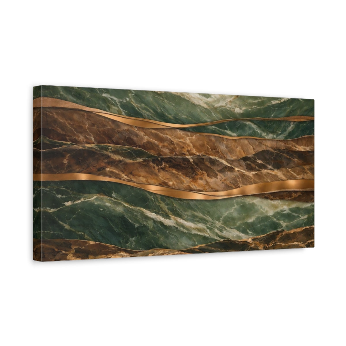 Side Mockup 3. Abstract Marbled Layers Green And Gold shown as stretched canvas wall art