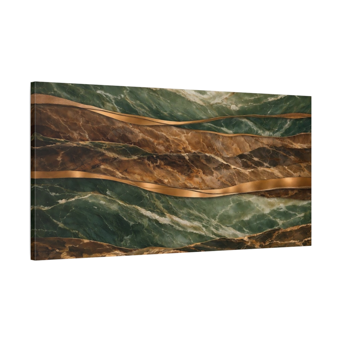 Side Mockup 1. Abstract Marbled Layers Green And Gold shown as stretched canvas wall art