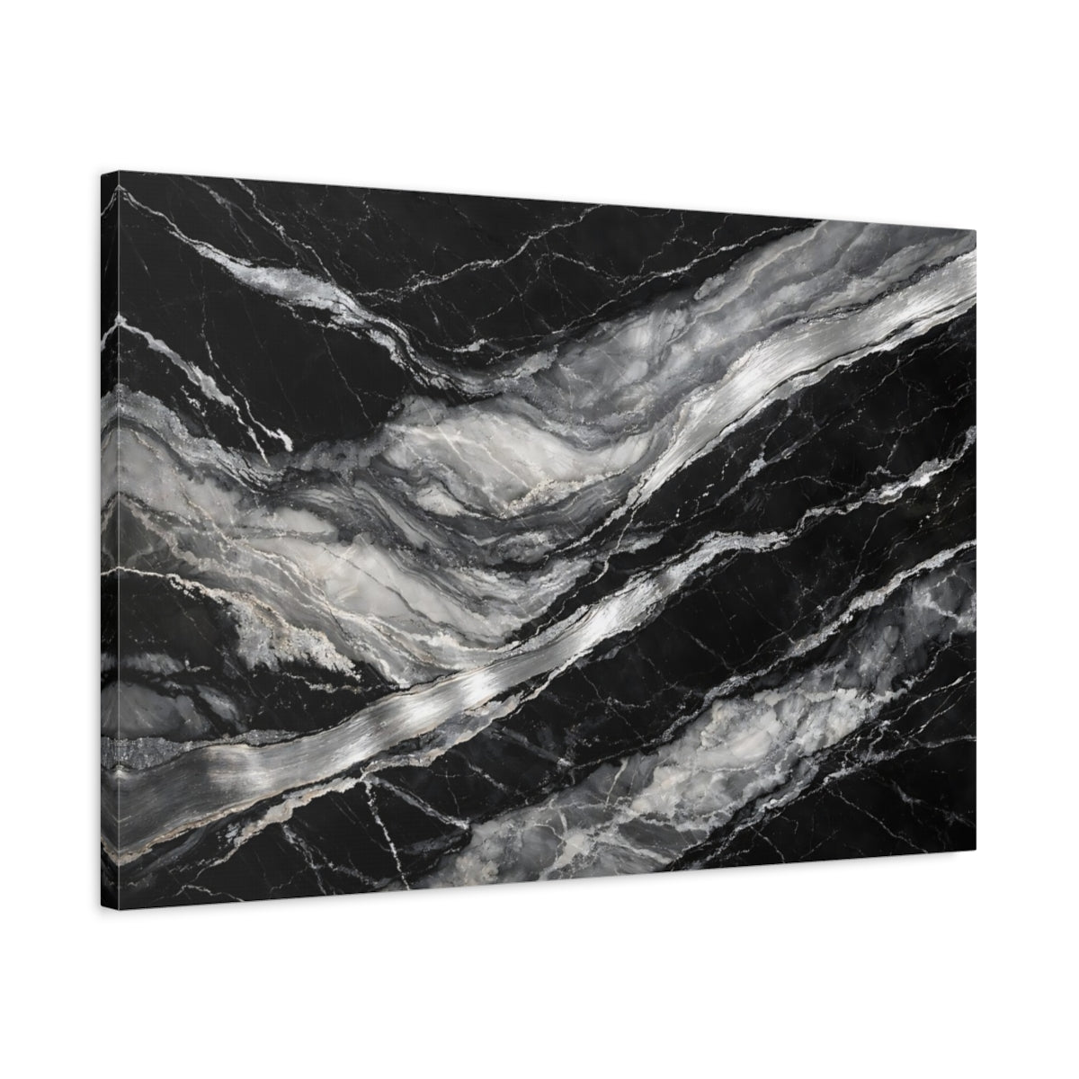 Side Mockup 2. Nature Marble Black And White Marble shown as stretched canvas wall art