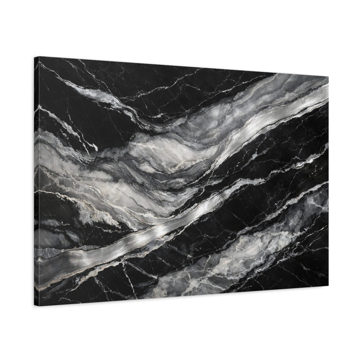 Side Mockup 1. Nature Marble Black And White Marble shown as stretched canvas wall art
