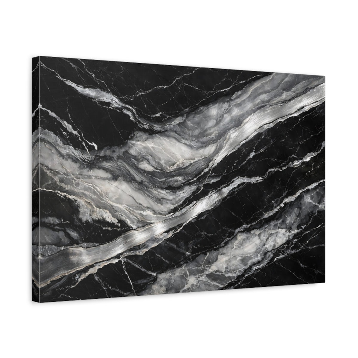 Side Mockup 3. Nature Marble Black And White Marble shown as stretched canvas wall art