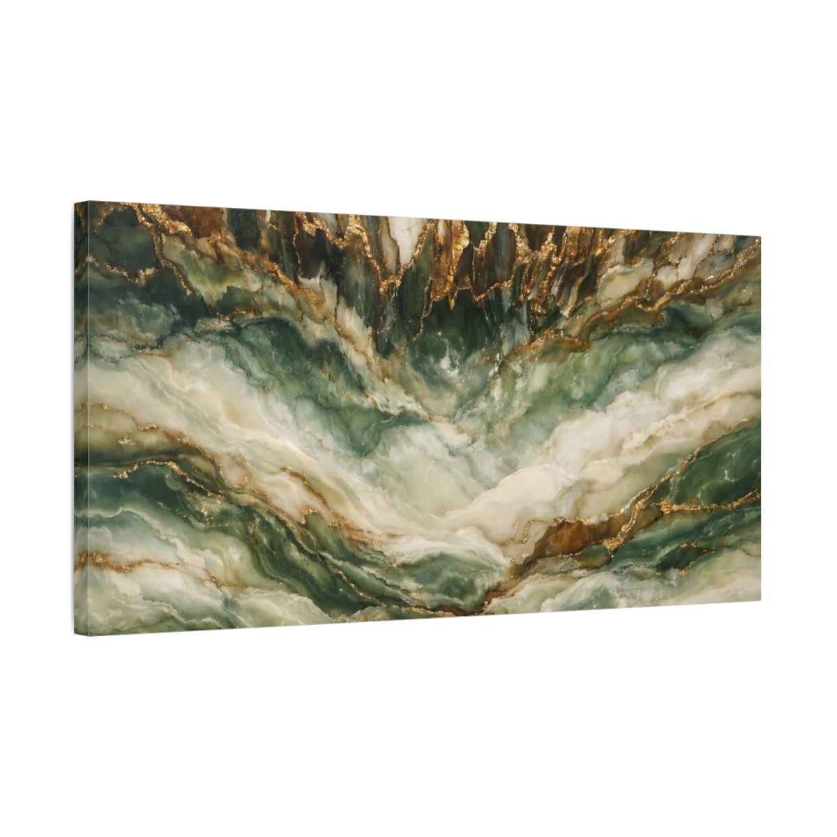 Side Mockup 2. Nature Marble Texture Green Gold Marble shown as stretched canvas wall art