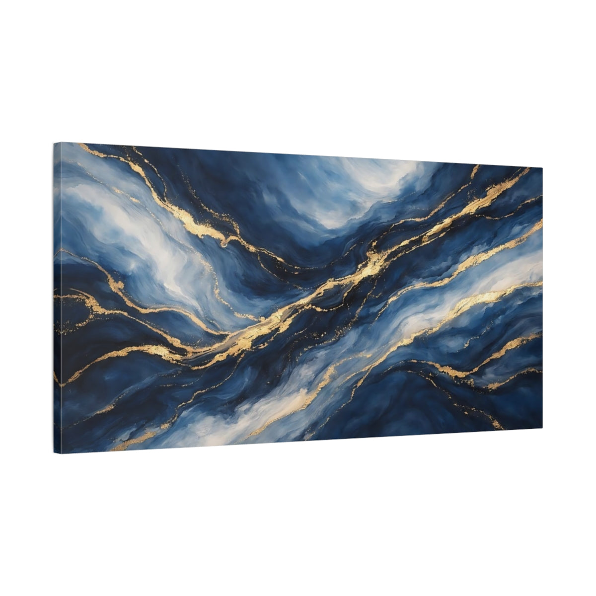 Side Mockup 1. Abstract Abstract Waves Blue And Gold shown as stretched canvas wall art