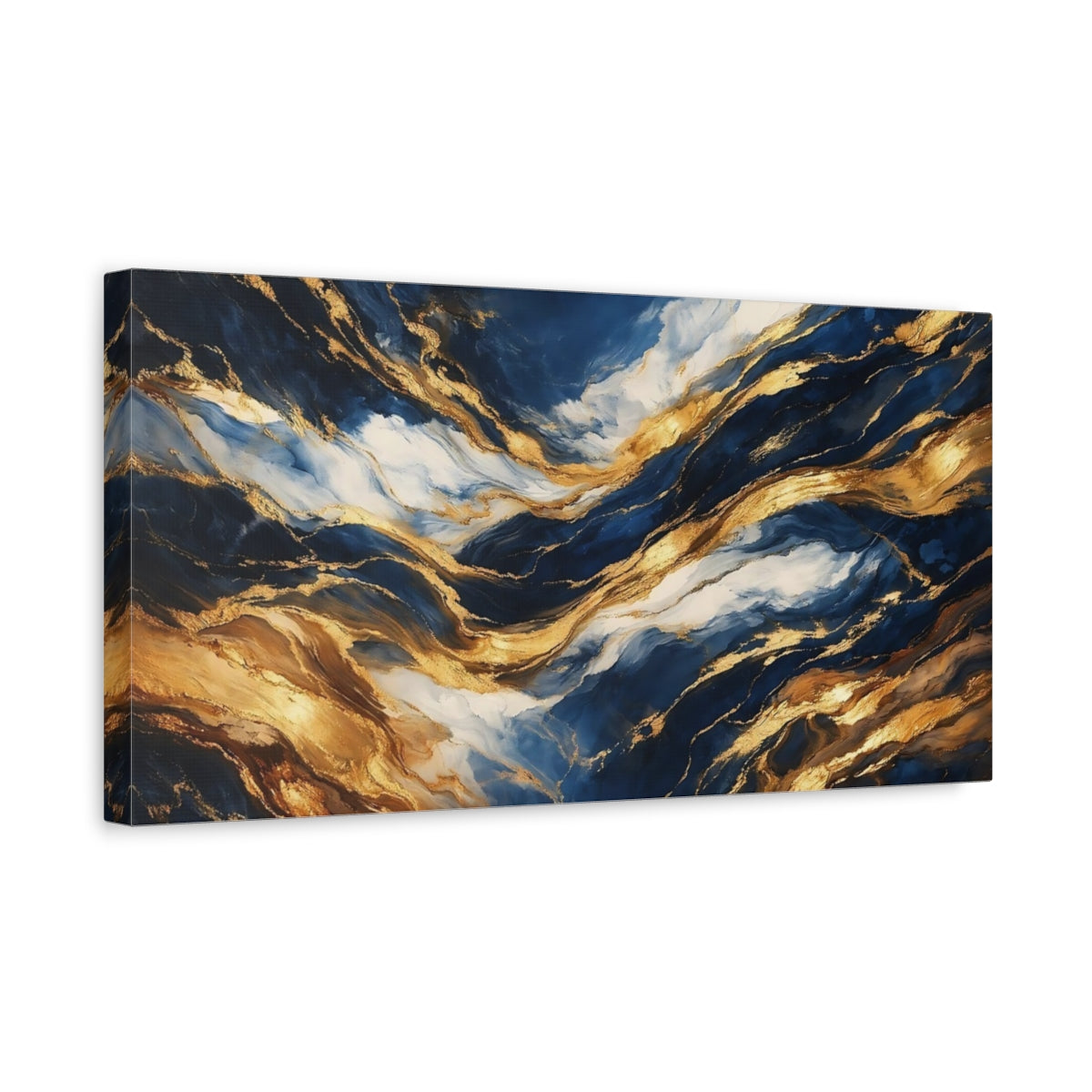 Side Mockup 3. Abstract Abstract Waves Blue And Gold shown as stretched canvas wall art