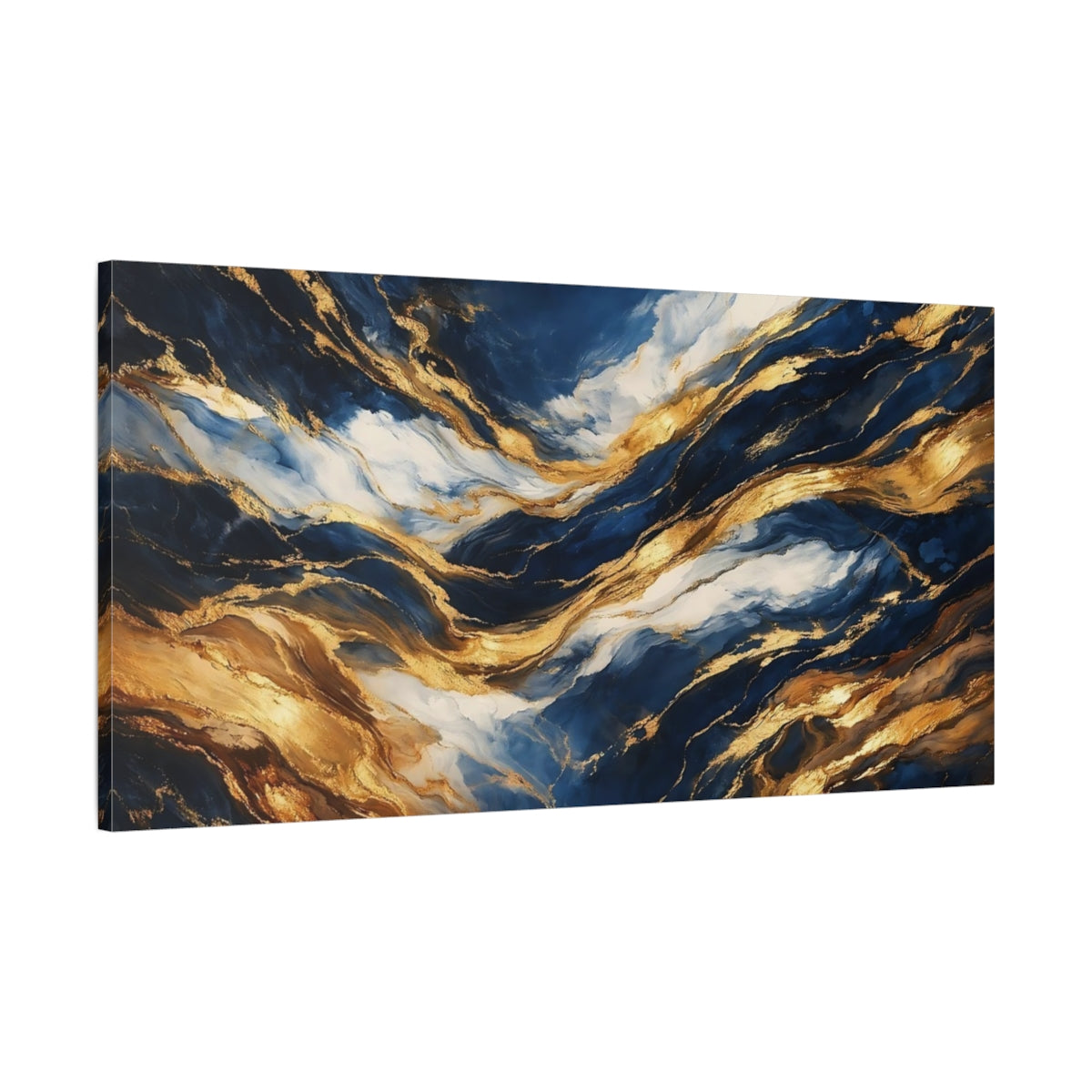 Side Mockup 1. Abstract Abstract Waves Blue And Gold shown as stretched canvas wall art