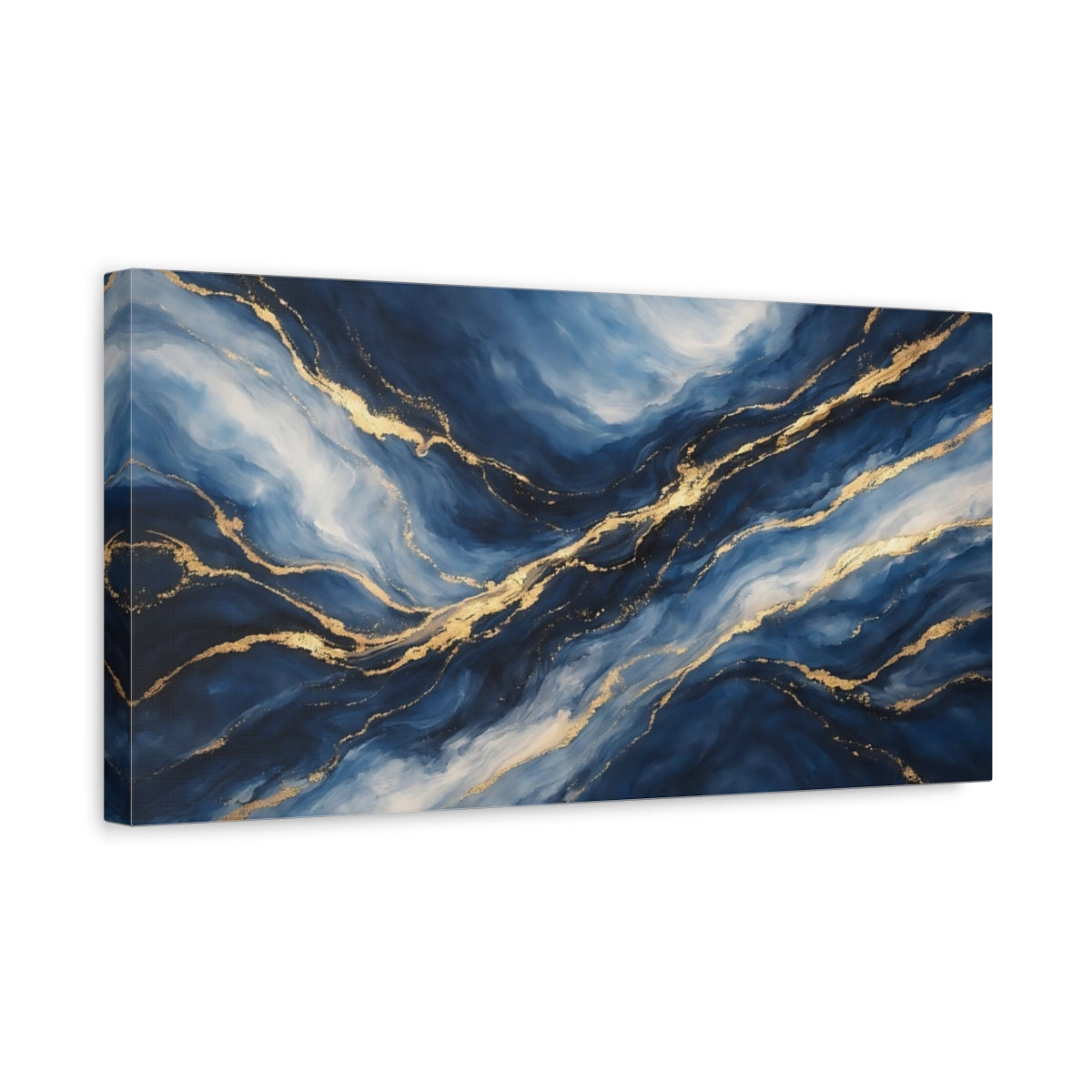 Side Mockup 3. Abstract Abstract Waves Blue And Gold shown as stretched canvas wall art