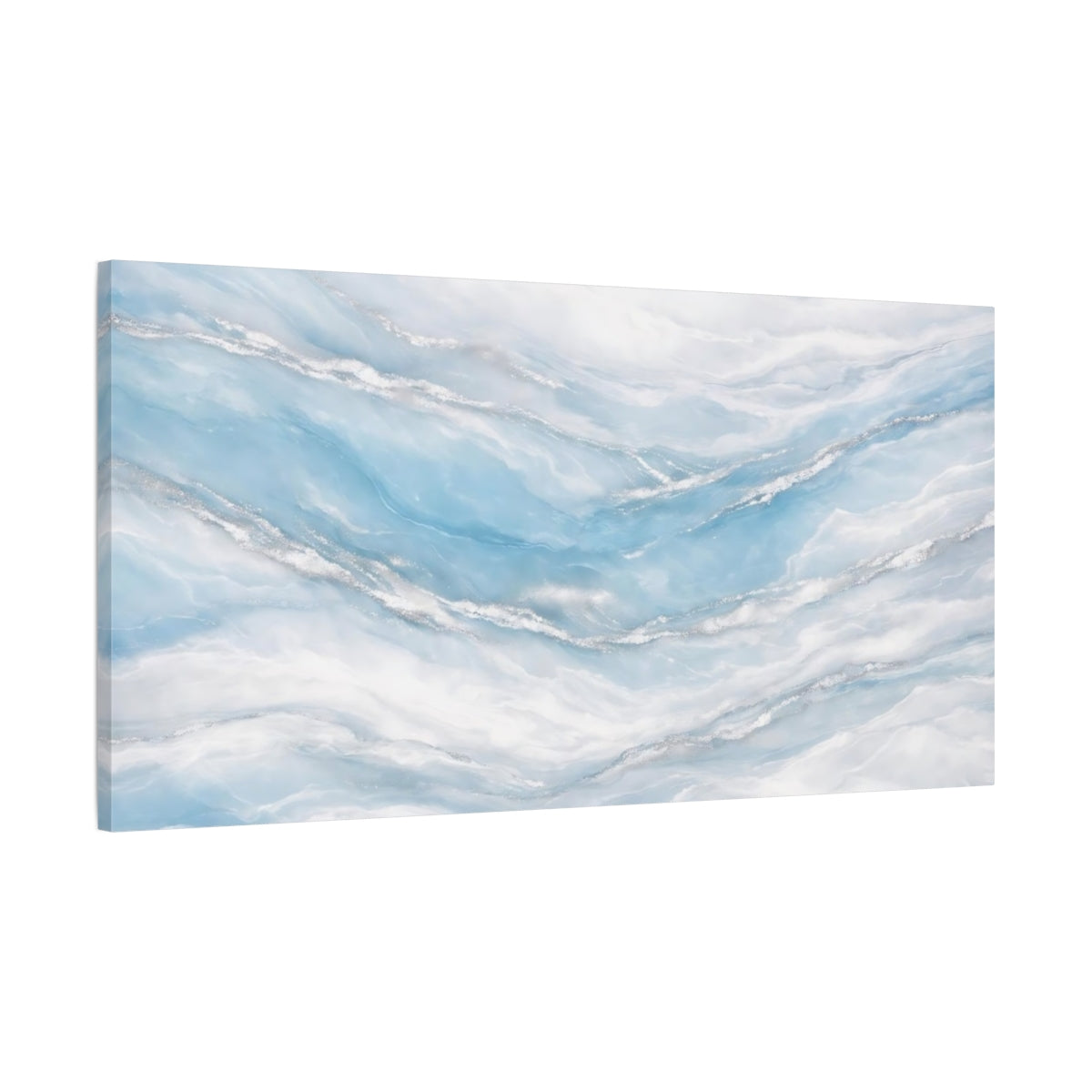 Side Mockup 1. Abstract Abstract Waves Blue Silver Abstract shown as stretched canvas wall art
