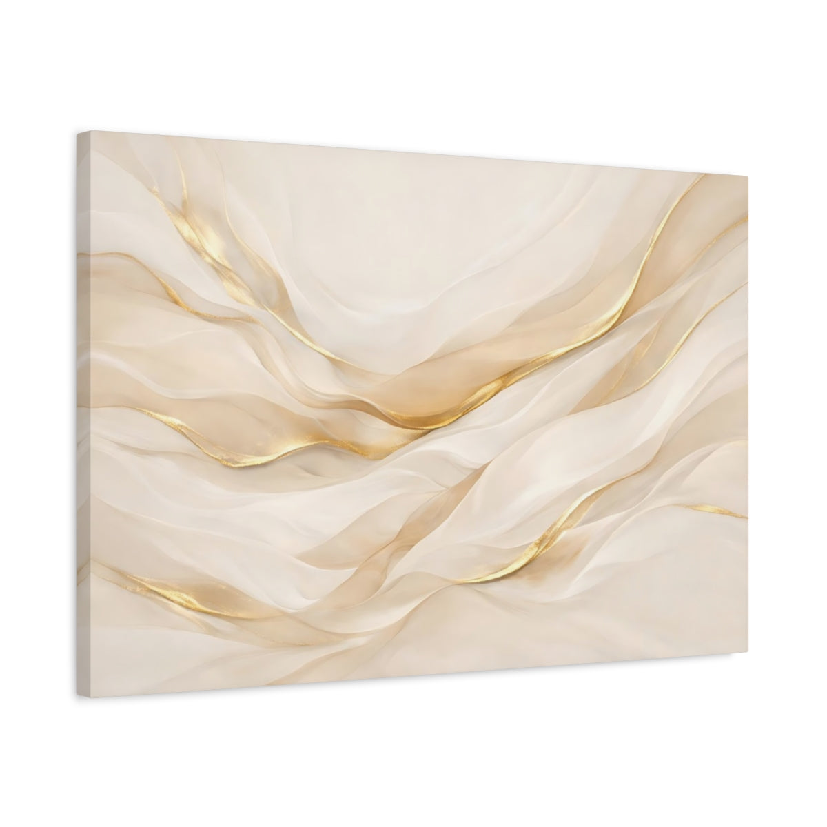 Side Mockup 2. Abstract Abstract Waves Gold And Cream shown as stretched canvas wall art
