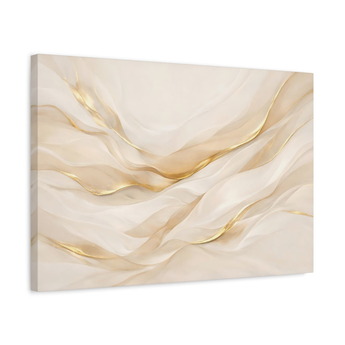 Side Mockup 3. Abstract Abstract Waves Gold And Cream shown as stretched canvas wall art