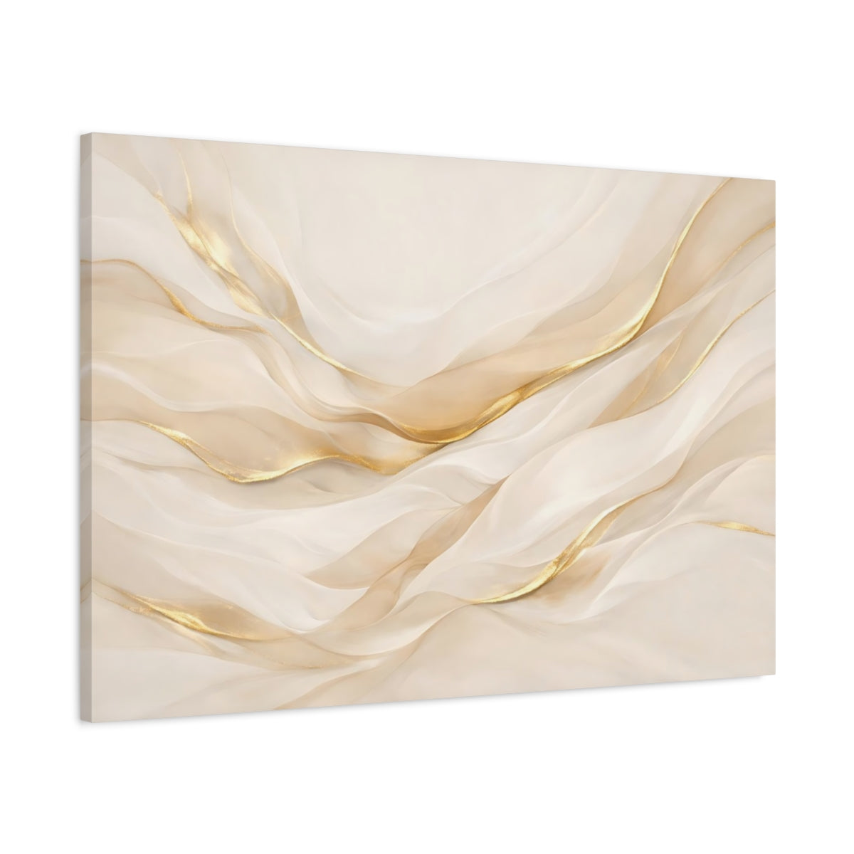 Side Mockup 1. Abstract Abstract Waves Gold And Cream shown as stretched canvas wall art
